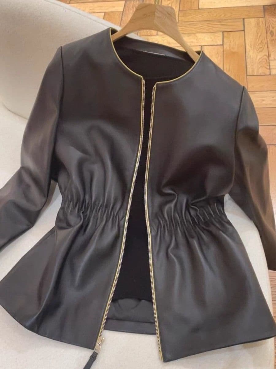 Fall/Winter Stylish Waist-Cinching Biker Black Leather Jacket for Petite Women
