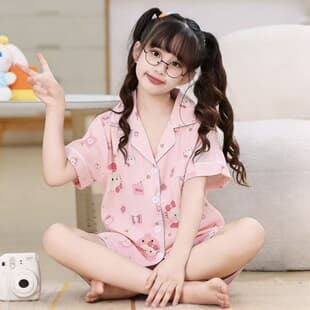 Children's Pajamas Girls Summer Cloud Short Sleeve Cute Cartoon Pajamas Middle and Older Kids Shorts Casual Homewear Set