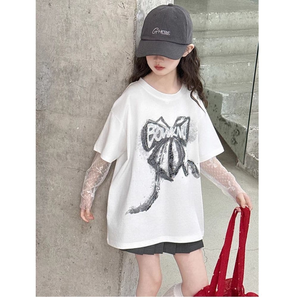 Girls Summer Fashion Bow Loose Fit Top for Older Children, New Season Patchwork Round Neck Long Sleeve Faux Two-Piece Blouse
