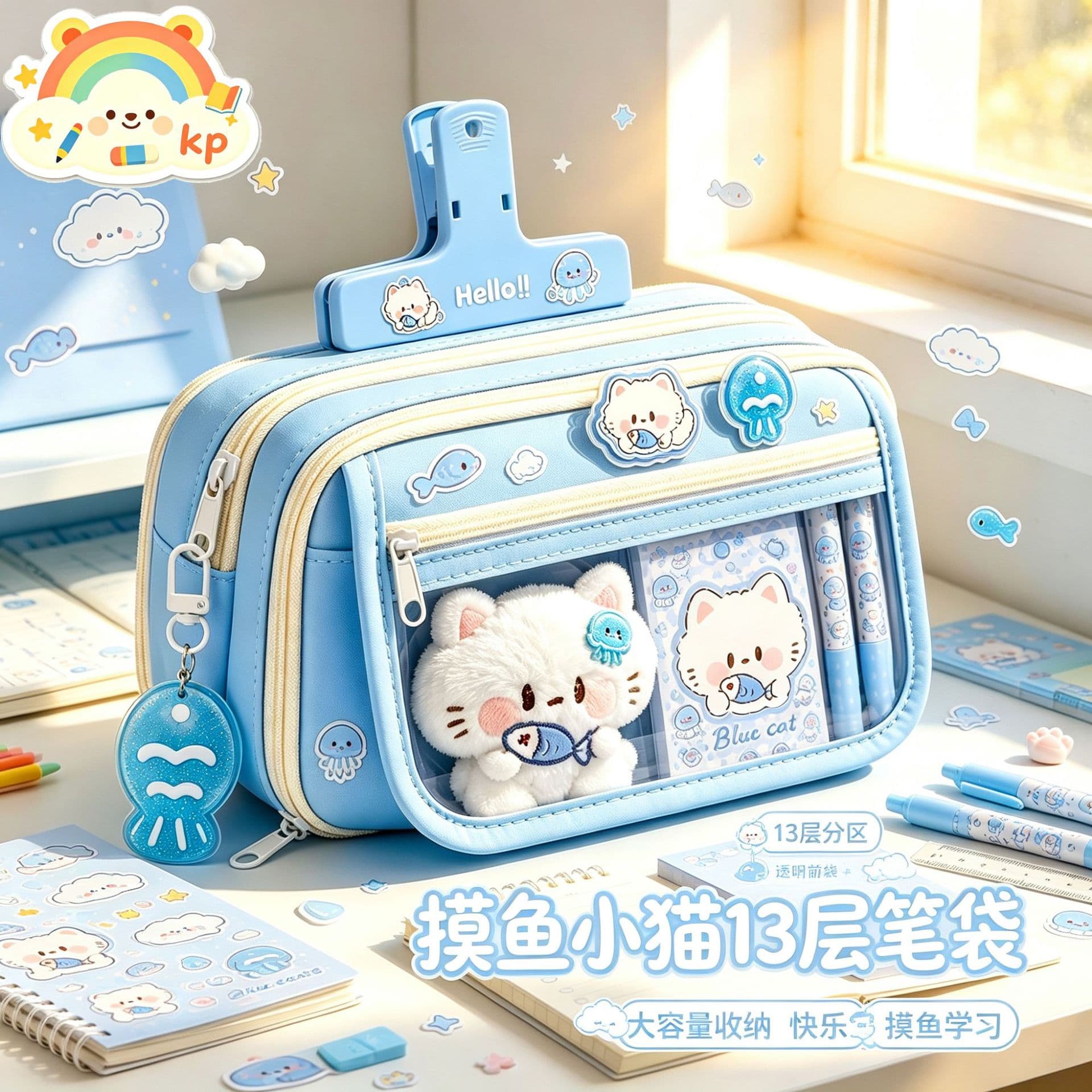 Fish-catching pencil case, large-capacity elementary school girl's pencil case, high-looking transparent pencil case, painful bag, stationery bag