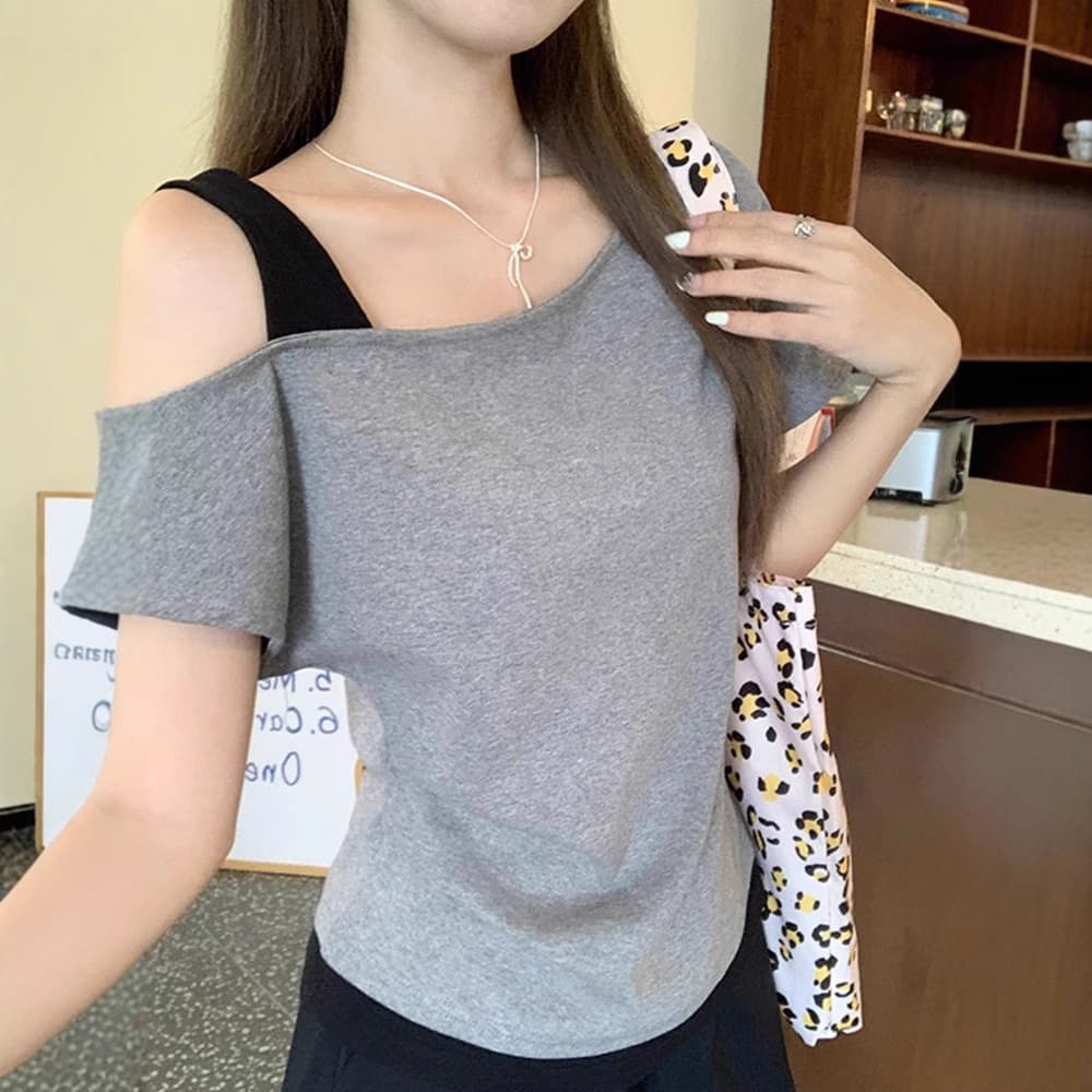 Women's Summer Asymmetrical Off-Shoulder Strap Layered Short Sleeve T-Shirt with Ruffle Waist Slimming Contrast Color Top