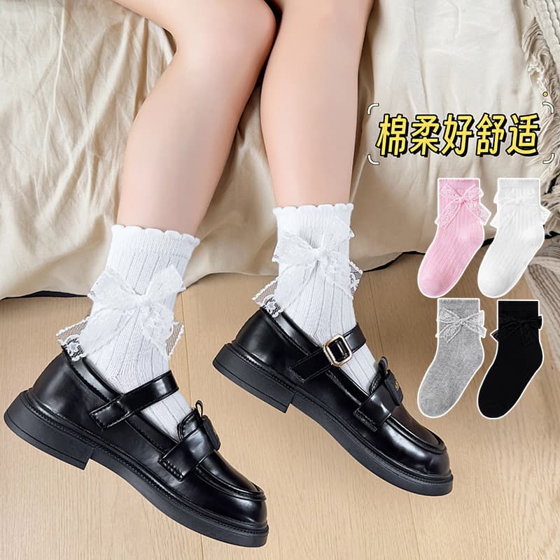 Girls socks lace princess mid-calf socks cotton children's white breathable dance spring and summer thin lace socks