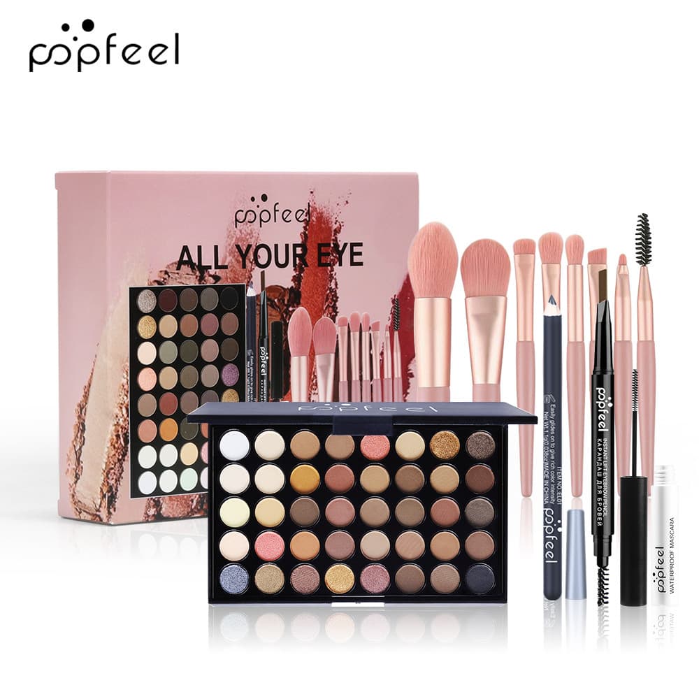 POPFEEL 40-Color Eyeshadow Palette with Eyebrow Pencil, Mascara, Eyeshadow Brush, and Eyeliner Full Set