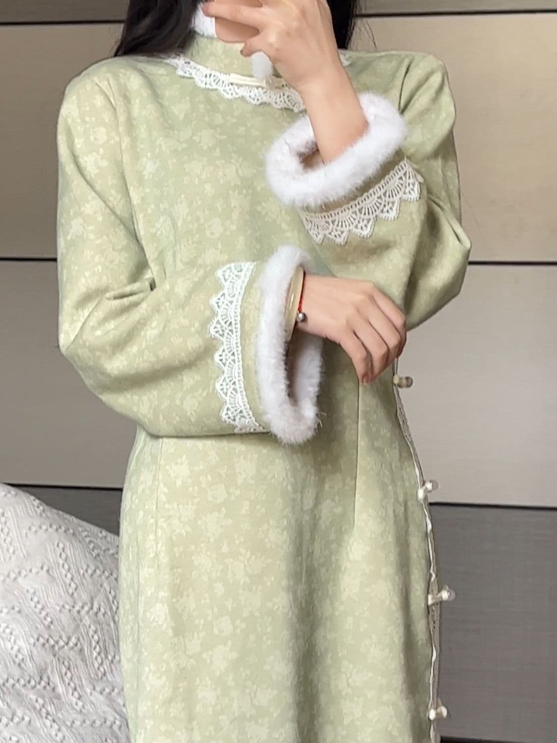 Matcha Autumn/Winter New Green Series Fresh and Elegant Cheongsam Floral Daily Dress Long Sleeve New Arrival