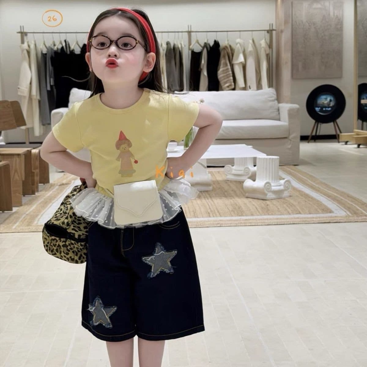 Children's Clothing Girls 2026 Toddler Girl Yellow Patchwork Short-Sleeve Star Denim Capri Pants Casual Fashionable Set