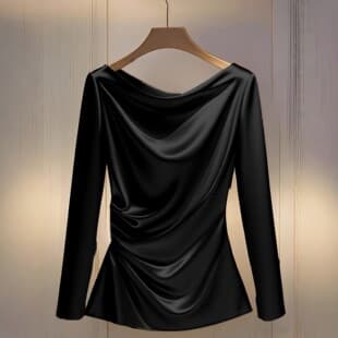 European and American Cross-Border Satin Long-Sleeve T-Shirt for Women, Slim Fit, Off-Shoulder Design, High-End and Elegant for Commute