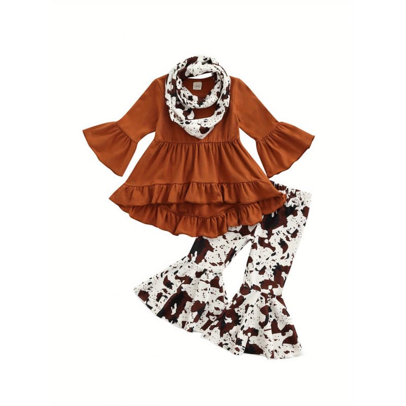 2026 New Cross-border Drop Shipping Children's Girls 3-Piece Set Long Flounce Sleeve A-Line Lined Top Wide Leg Pants