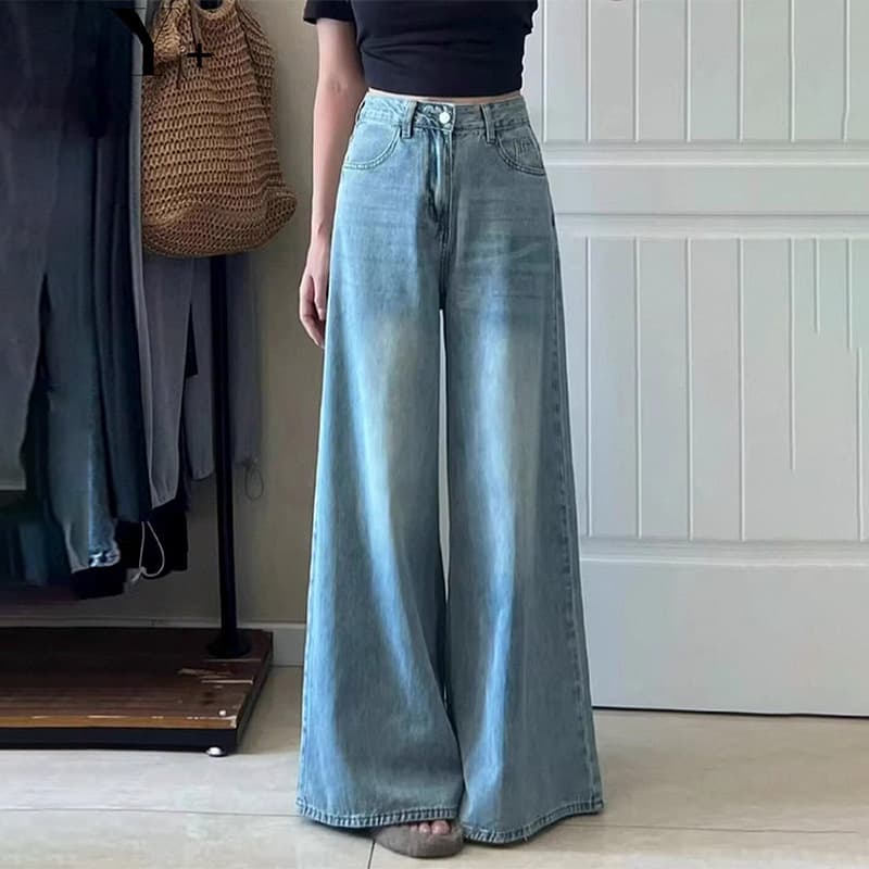 Vintage High-Waist Wide-Leg Jeans for Women Summer Washed Loose Fit Slimming Flared Hem Floor-Length Trousers