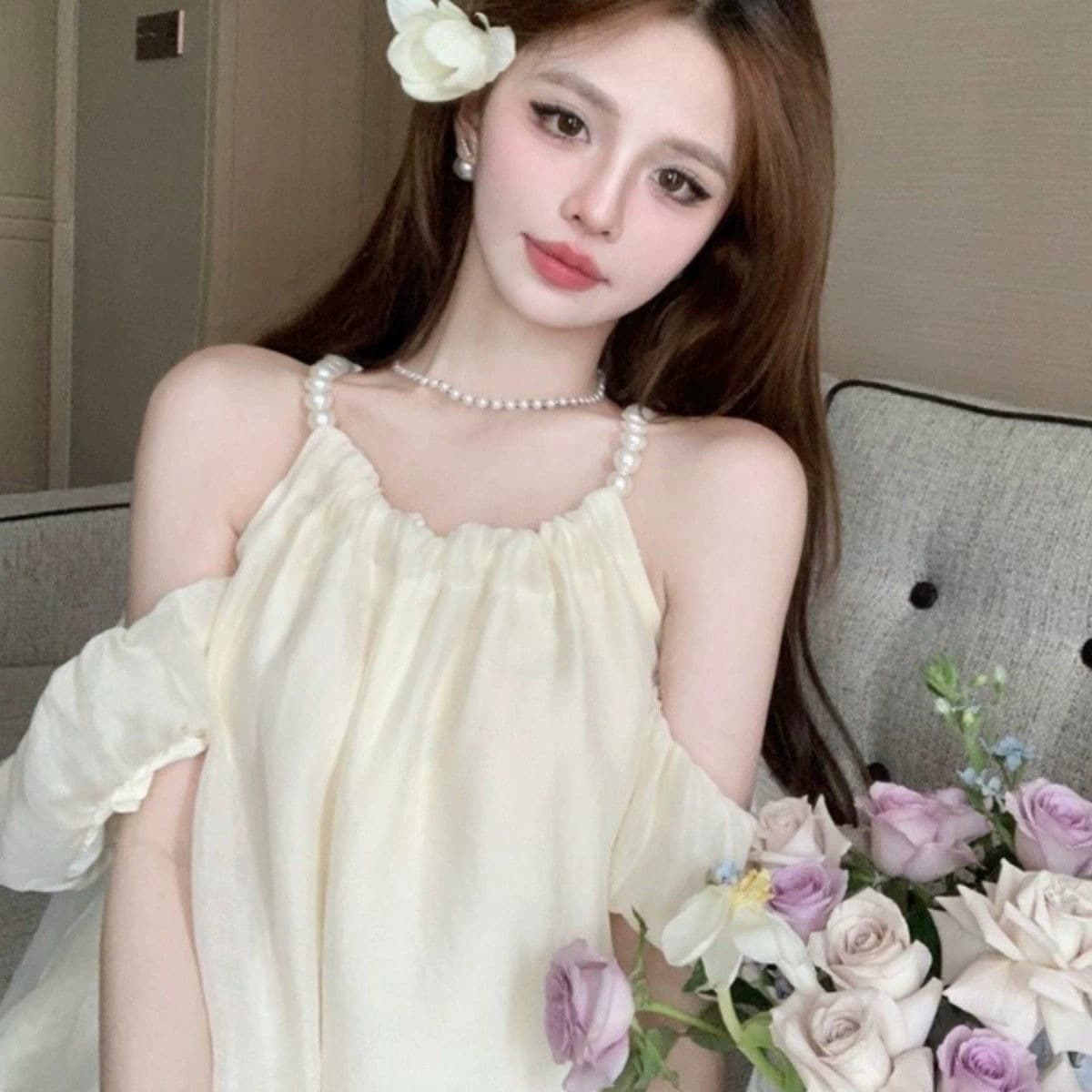 French tea break, sweet age-reducing pearl halter neck, sexy and gentle chiffon shirt for women, summer design, off-shoulder suspender top
