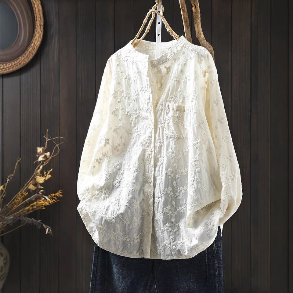 Spring and Autumn New Style Small Stand Collar Artistic Jacquard Blouse for Women, Loose Long Sleeve, Slimming, Sweet and Elegant Single-Breasted Top