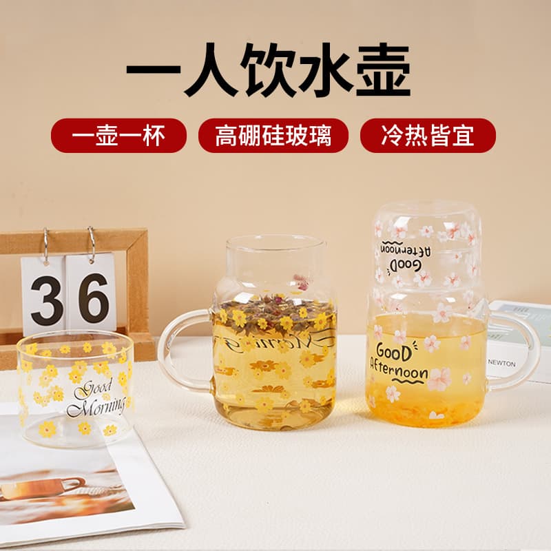 Borosilicate Glass Kettle with Scale Decal, One-Person Drink, Large Capacity, One Kettle One Cup for Home Office