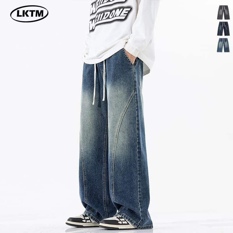 LKTM Men's Straight Leg Jeans American Design Patchwork Loose Fit Cool Brand Casual Long Pants Cotton Denim Street Style