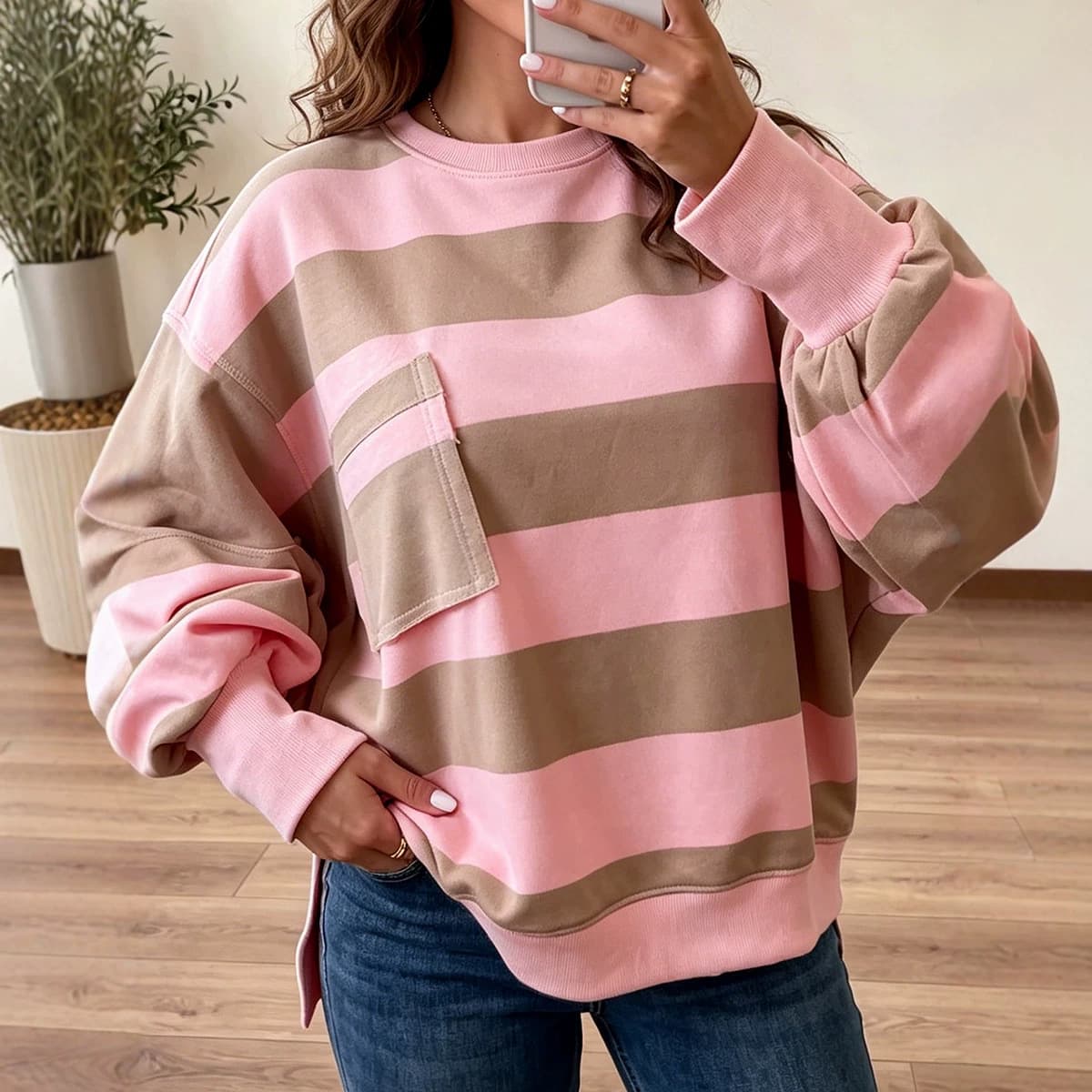 ebay cross-border autumn new style sweatshirt with pockets for women European and American loose simple style color-blocked slit long-sleeved tops for women