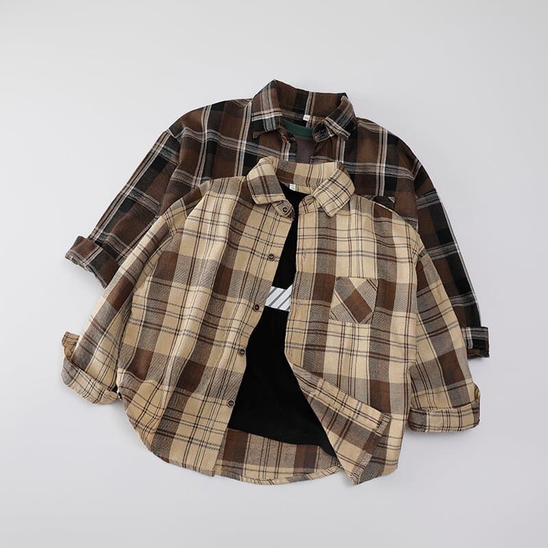 2026 New Spring Boys' Plaid Long-Sleeve Shirt Trendy Kids Top Boys' Stylish Spring Autumn Jacket Shirt