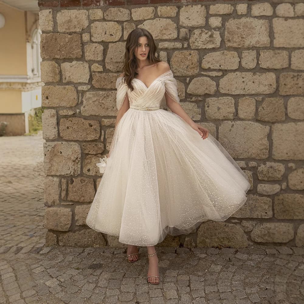 White Tulle Dress Four Seasons European and American Women's Clothing Amazon Off-Shoulder V-Neck Dress Gown Midi Length Evening Dress