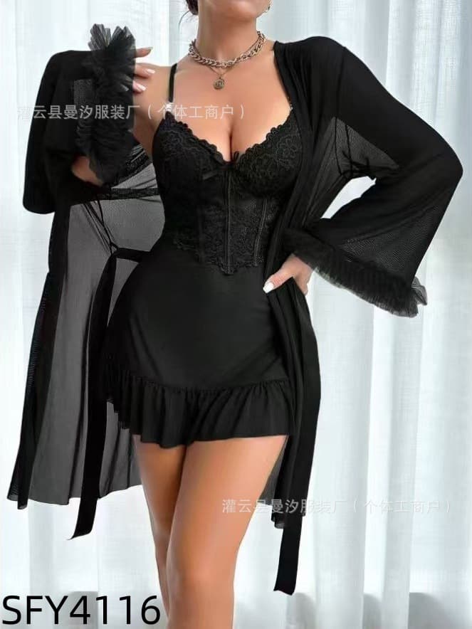 New Cross-border Mesh Sheer Sexy Lingerie for Women Summer Strappy Lace Nightgown Robe Set Factory Wholesale
