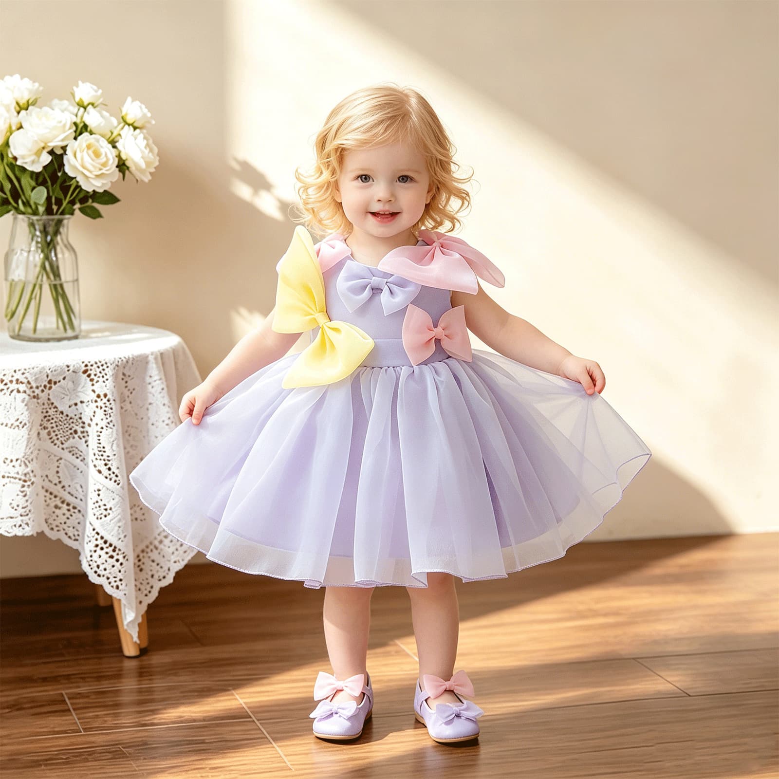 Children's one-year-old dress, baby girl, three-dimensional bow, fluffy yarn princess dress, flower girl's birthday performance dress