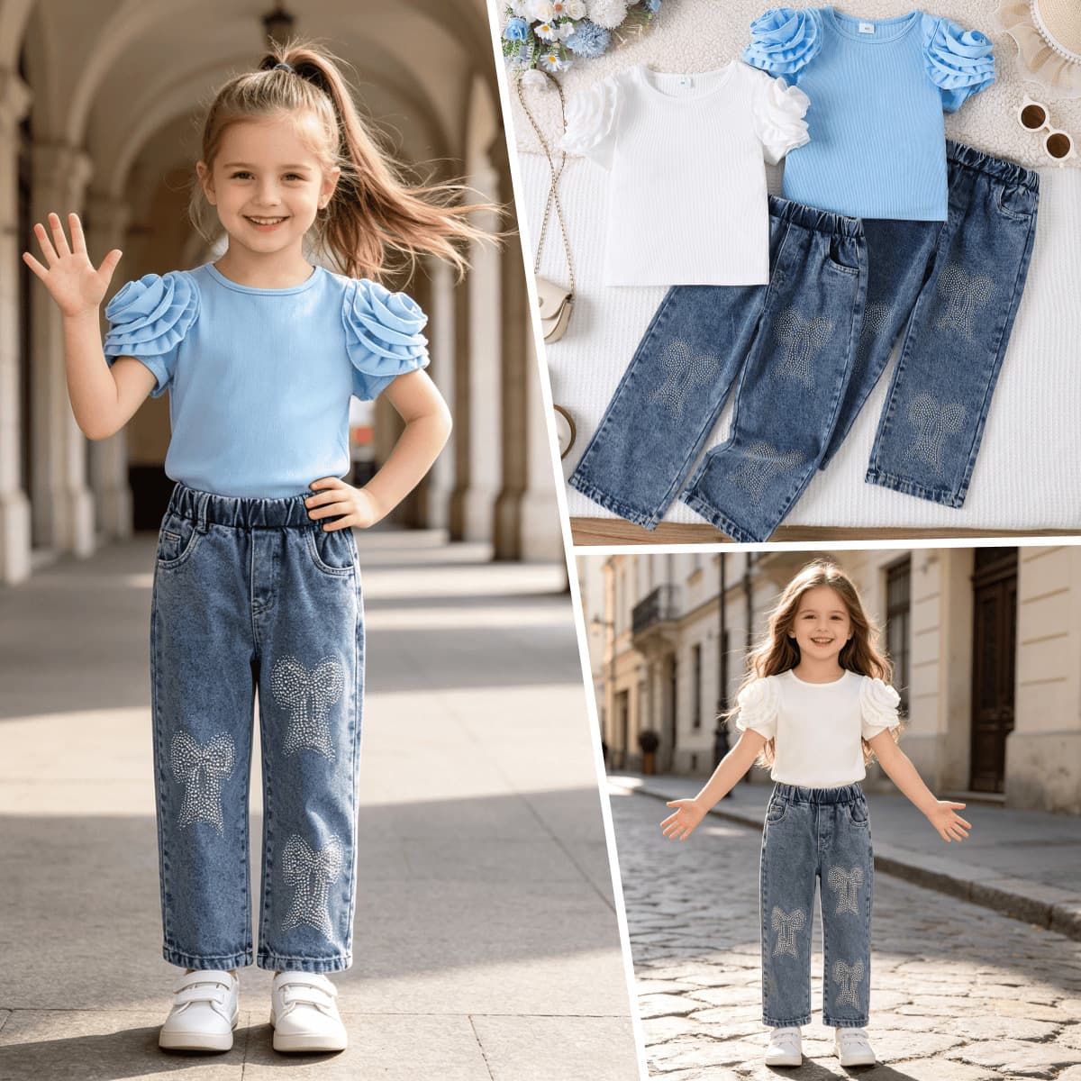 Amazon Girls' Outfit Rose Sleeve T-Shirt and Rhinestone Jeans Two-Piece Set Elegant Trendy Summer New In Stock