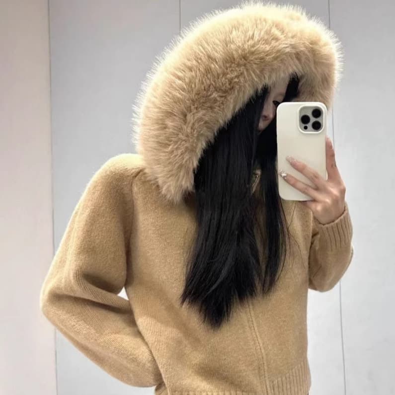 2026 Korean retro autumn and winter knitted cardigan for women loose casual versatile long-sleeved fur collar hooded sweater jacket for women