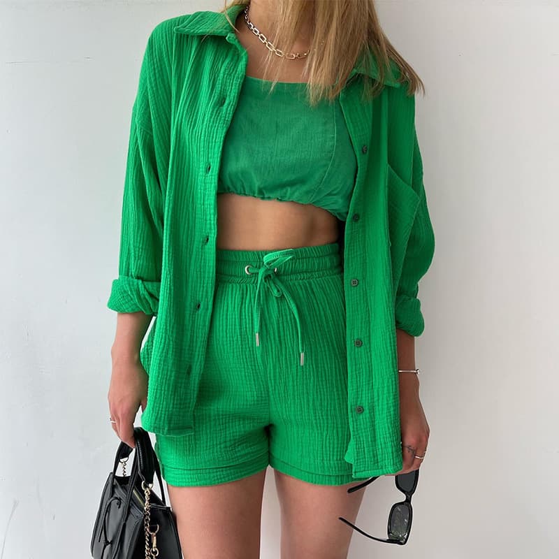 European American Women's 2-Piece Set Crinkle Fabric Notched Collar Long Sleeve Shirt Drawstring Shorts Plus Size Fashion Casual Set