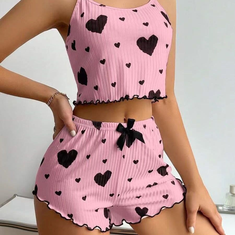 New Summer 2026 Knitted Ribbed Heart Print Sweet Camisole Shorts Pajama Set for Women