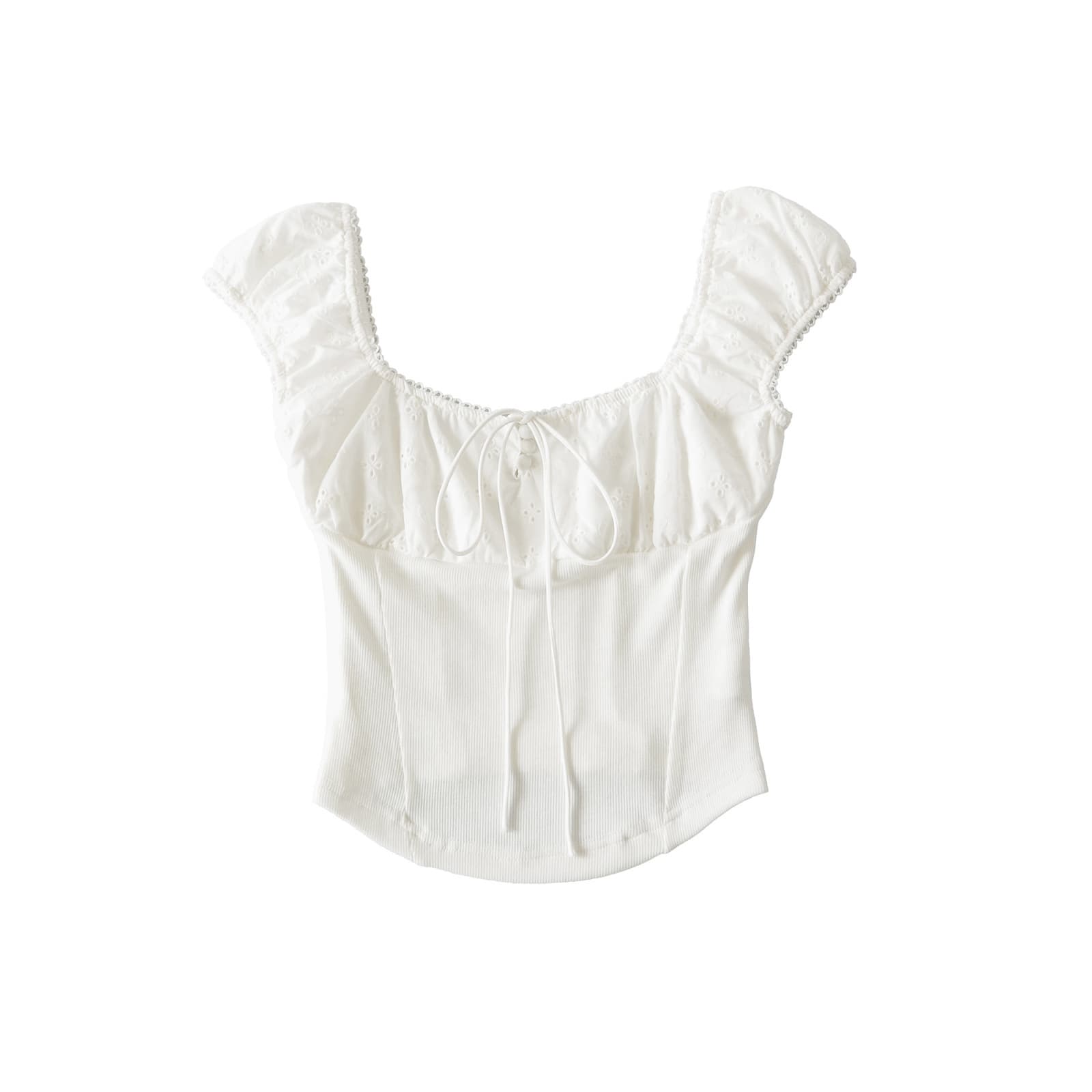 French Square Neck Tie-Front Crop Top Women 2026 Summer New Patchwork Waist Design Short Sleeve T-Shirt