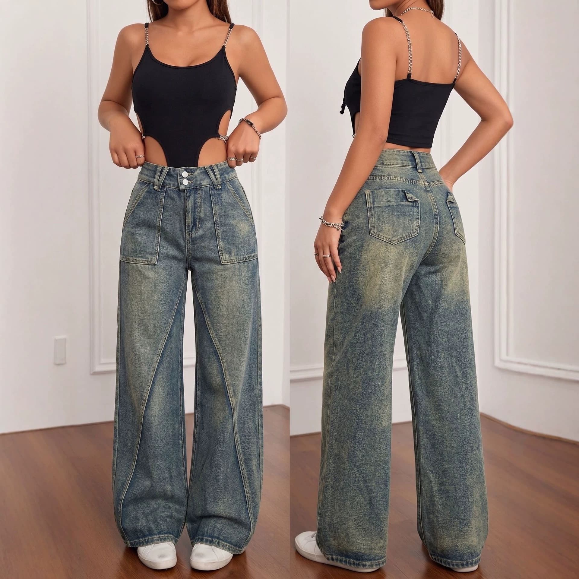 Cross-border Supply Vintage Blue Indigo Dyed Wide Leg Jeans for Women High Waist Double Button Large Pocket Slim Fit Wide Leg Floor-Length Pants
