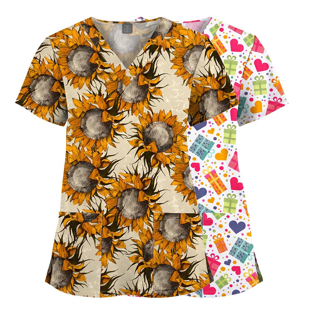 Quick-Dry Printed Short-Sleeve V-Neck Dental Clinic Scrub Top for Doctors and Nurses in Beauty Salons and Pet Hospitals