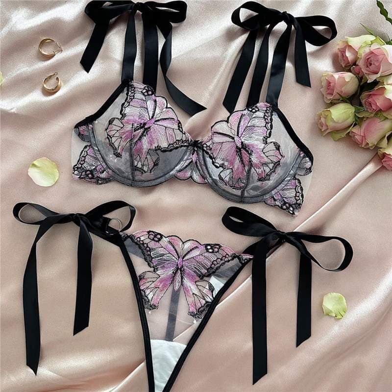 Europe and America Hot Selling Transparent Bra Butterfly Mesh Embroidery See-through Sexy Bra Set