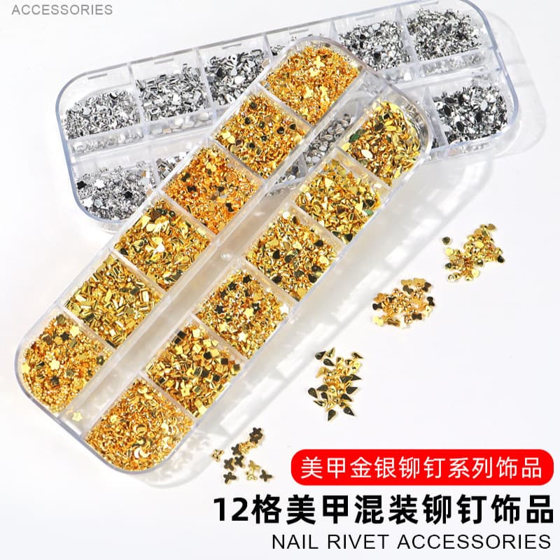 Nail Art Ornament Cross-Border Trendy Hot Sale Metal Studs 12 Grid Mixed DIY Decoration Wholesale for Nail Salon