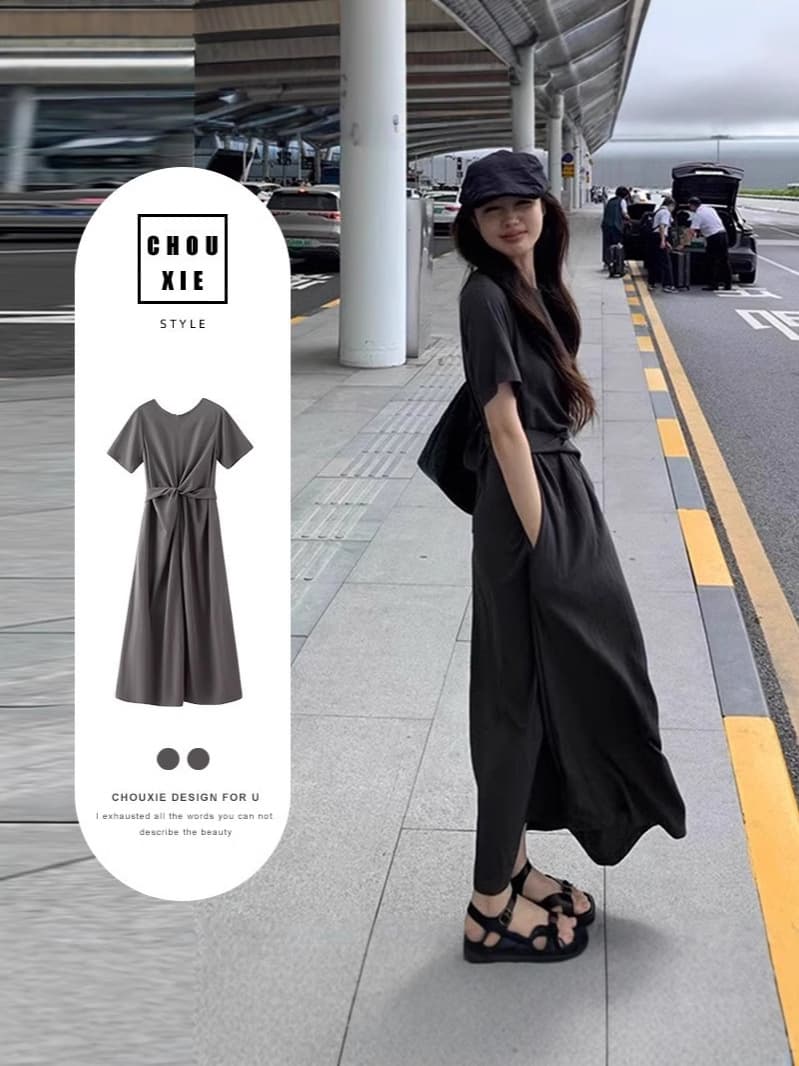 Unique Design Cross Tie Short Sleeve Dress Summer Women Elegant High-End Slimming A-Line Maxi Dress