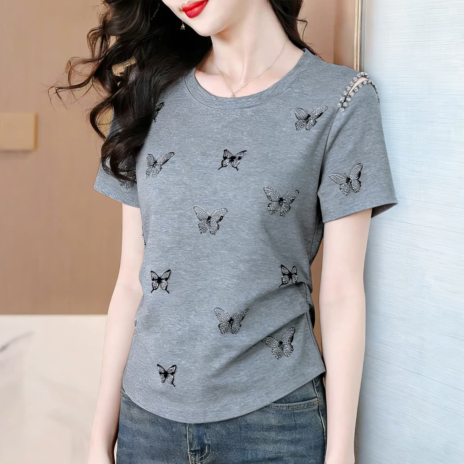 Factory Direct Summer Fashion Casual Versatile Short-Sleeve T-Shirt for Women with Rhinestone Butterfly Print and Hotfix Crystals