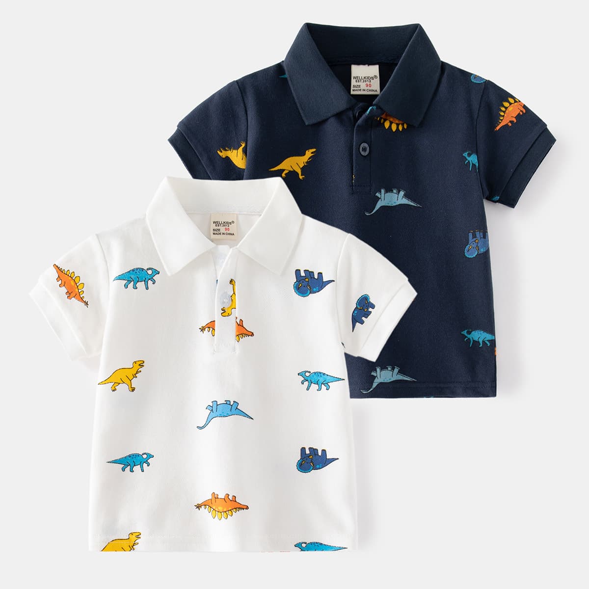 Summer new cartoon dinosaur print boys' POLO shirt, navy blue casual collared pique cotton children's short-sleeve