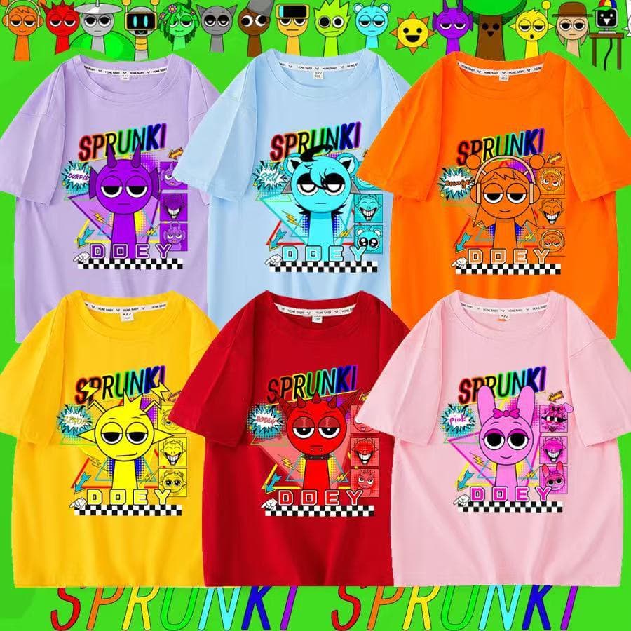 Children's Cartoon Pure Cotton Short Sleeve Sprunki Summer Rhythm Box T-Shirt for Kids, Thin Style