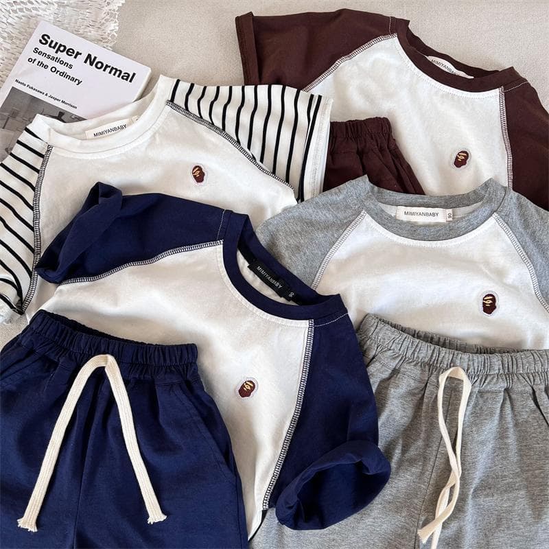 Children's Set 24 Summer Boys and Girls Japanese Trendy Embroidery Short Sleeve T-Shirt Baby Shorts Casual Two-Piece Set