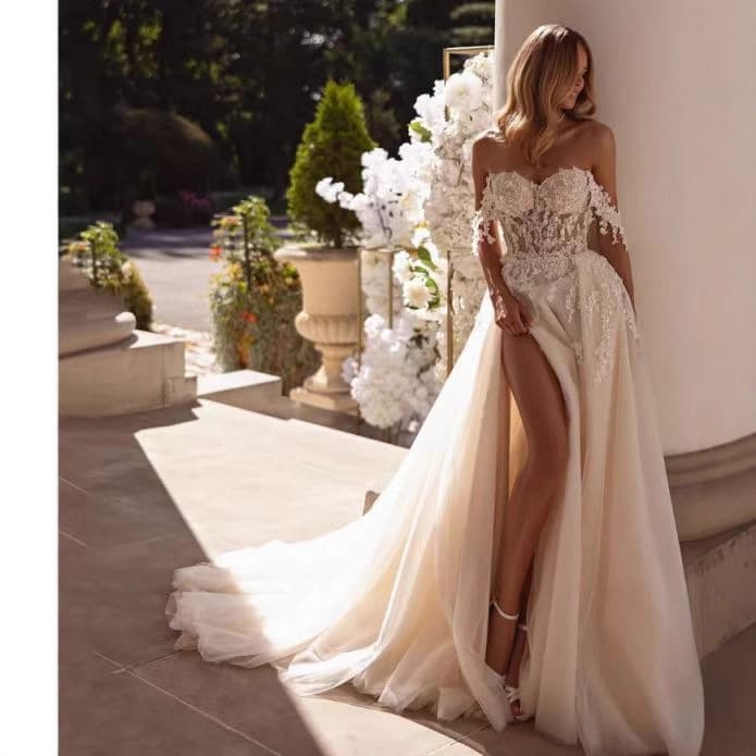 European and American new ladies wedding dress evening dress toast dress sexy lace slit skirt banquet all-match white dress