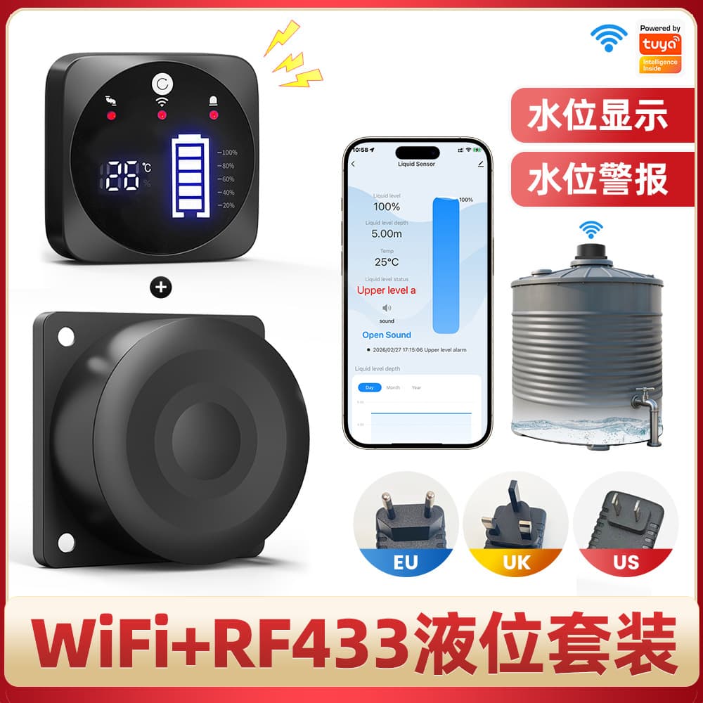 WiFi RF Ultrasonic Liquid Level Sensor Tuya Smart Home App Remote Detection Water Tank Tower Level Gauge