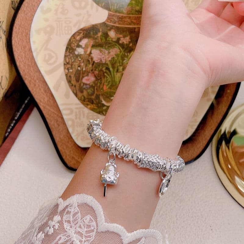 999 Pure Silver Fortune Cat & Yellow Wealth God Coiled Elastic Rope Bracelet, Adjustable Length, Chinese Style