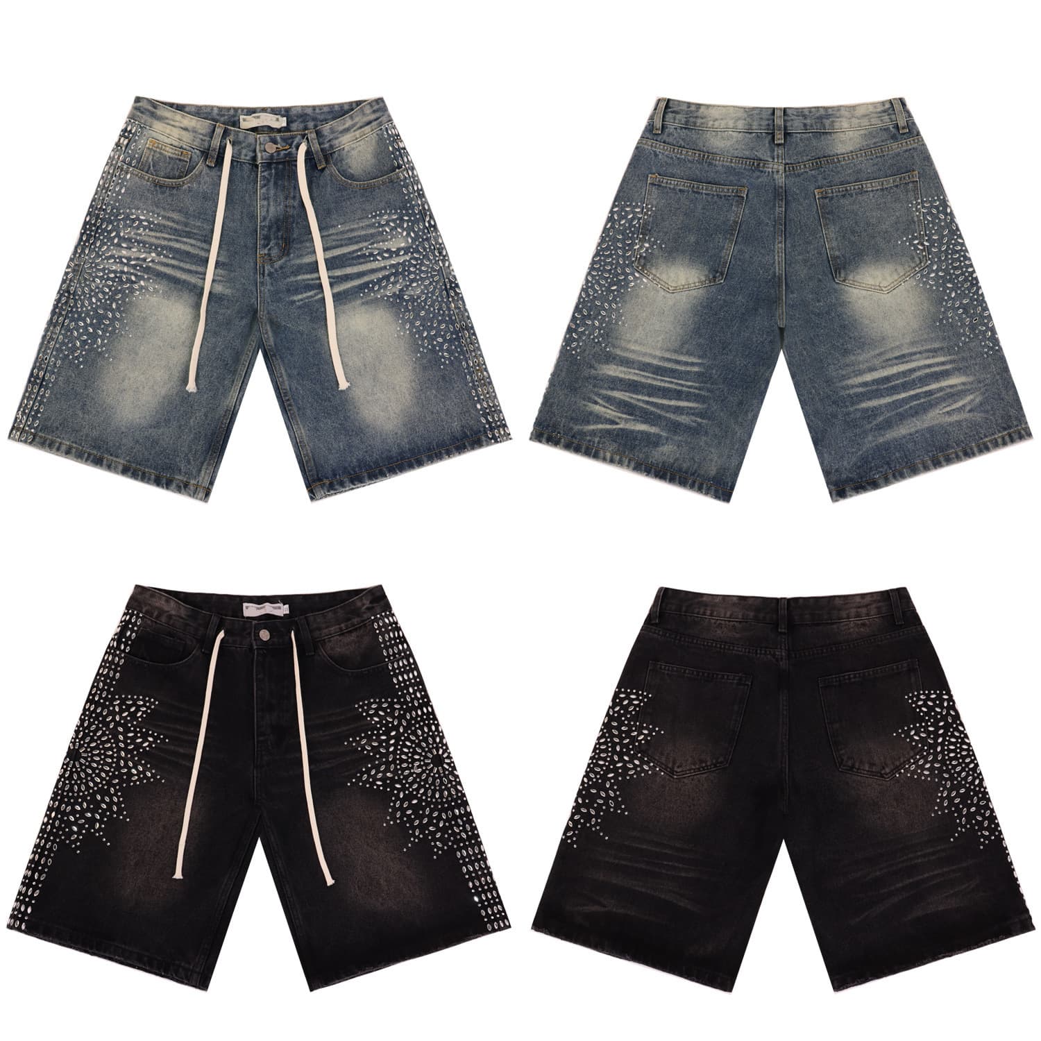 Vale Summer New Washed Rhinestone Heavy Craft Men's High Street Loose Casual Trendy Denim Shorts