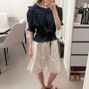 Raw C Cotton Lace Trim Baby Doll Collar Blouse Women Summer Drawstring Puff Short Sleeve Shirt viapla*n