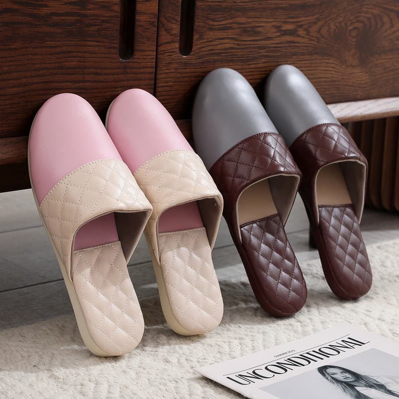 Spring Autumn Leather Slippers for Women, High-End Office Couples Indoor Home Anti-Slip Four-Season Home Slippers Wholesale