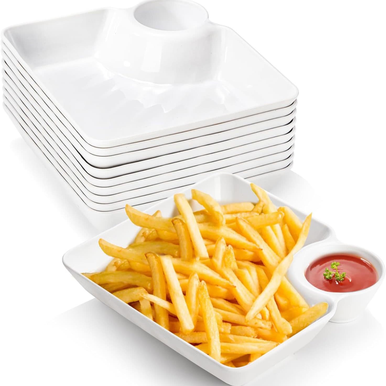 Cross-border Dumpling Plate with Dipping Sauce Dish, Square Dumpling Plate, Plastic Serving Plate for Salad, Fries, with Vinegar Dish