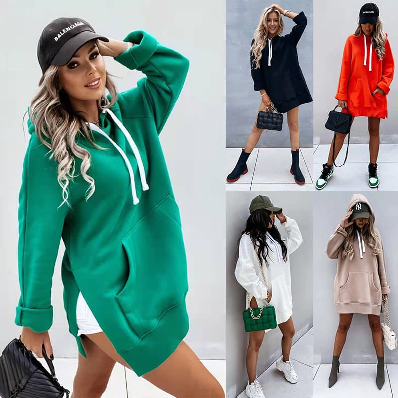 2021 Amazon Euro-American Cross-Border Foreign Trade Autumn/Winter New Solid Color Hooded Mid-Length Hoodie for Women, In Stock