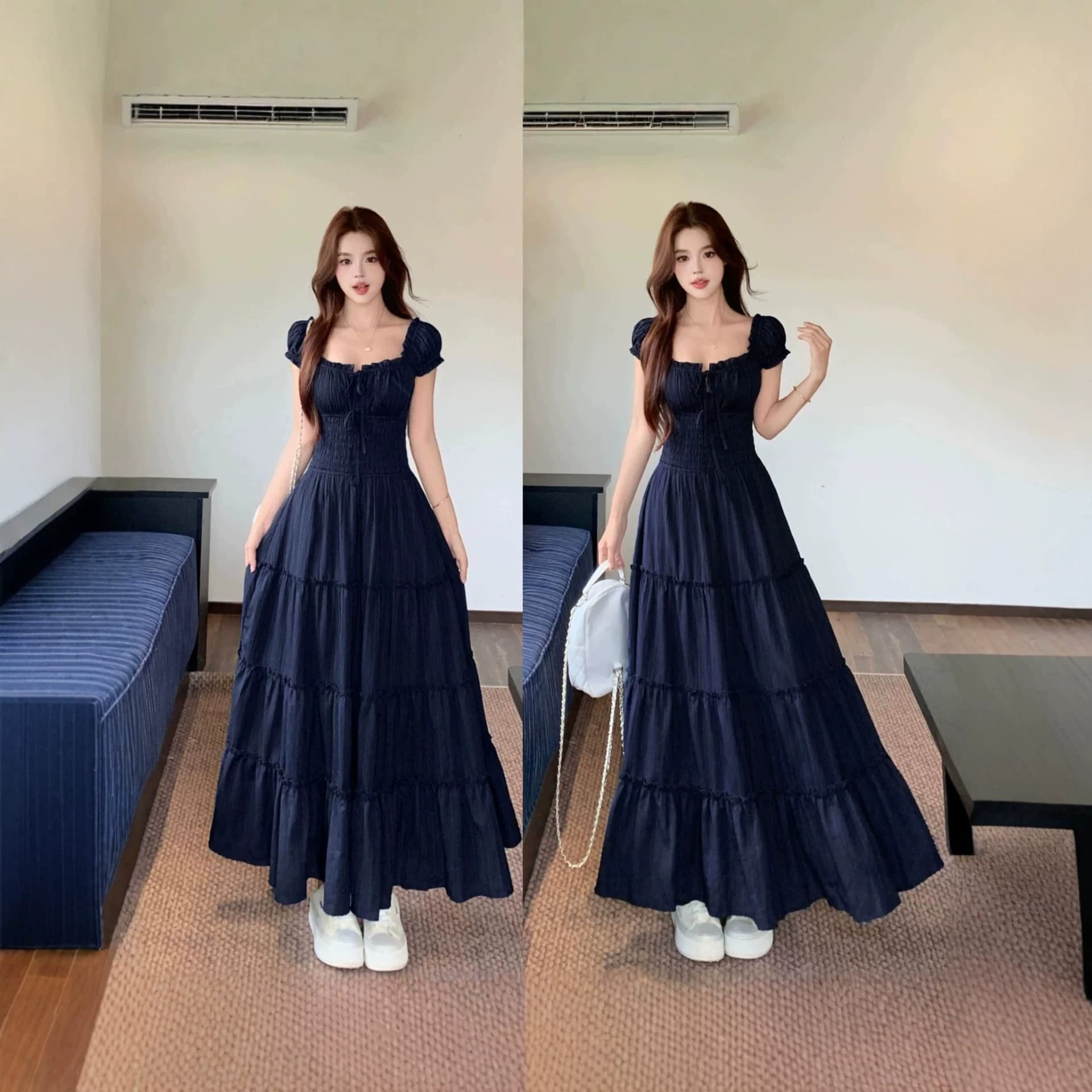 Plus size fat mm summer new style wrinkled dress slimming square collar French temperament long dress large hem skirt