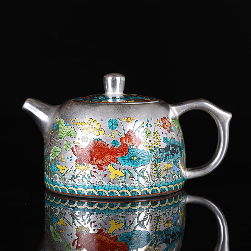Chinese-style Sterling Silver 999 Tea Brewing Pot Single Pot Kung Fu Gaiwan Tea Set with Enamel and Silver-plated Cups, Premium Gift Box