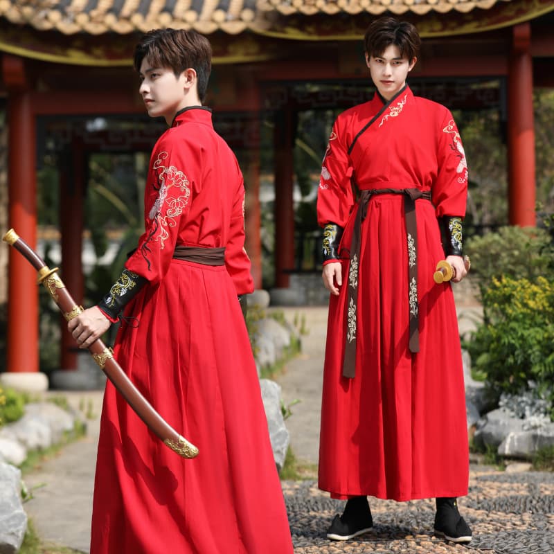 Chinese-style plus-size men's red chivalrous style modified long-sleeved traditional Hanfu two-piece set, Han-element performance uniform