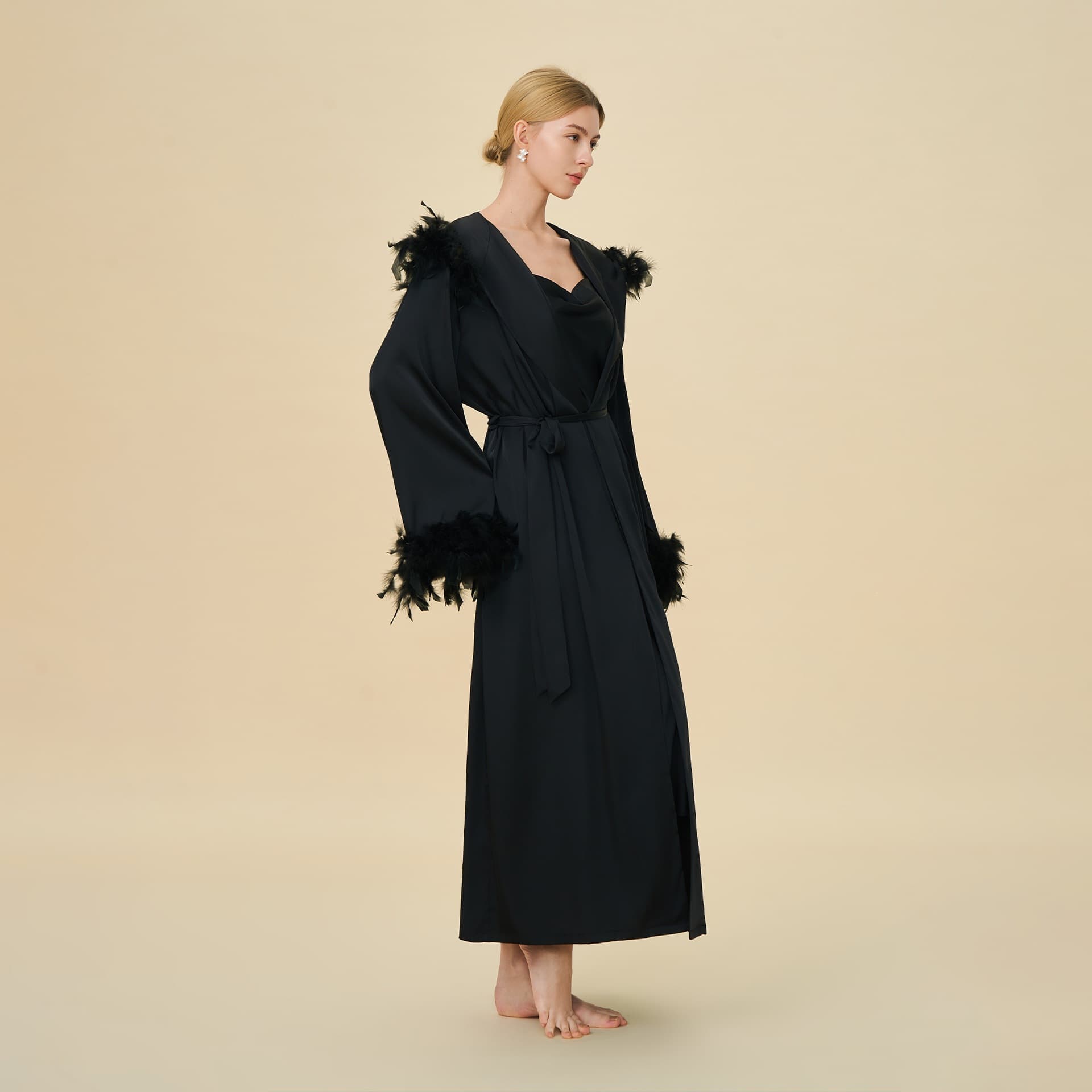 Russian Women's Summer Robe with Hood, Luxurious Feathered Detachable Loose Long Outer Robe, Women's Loungewear