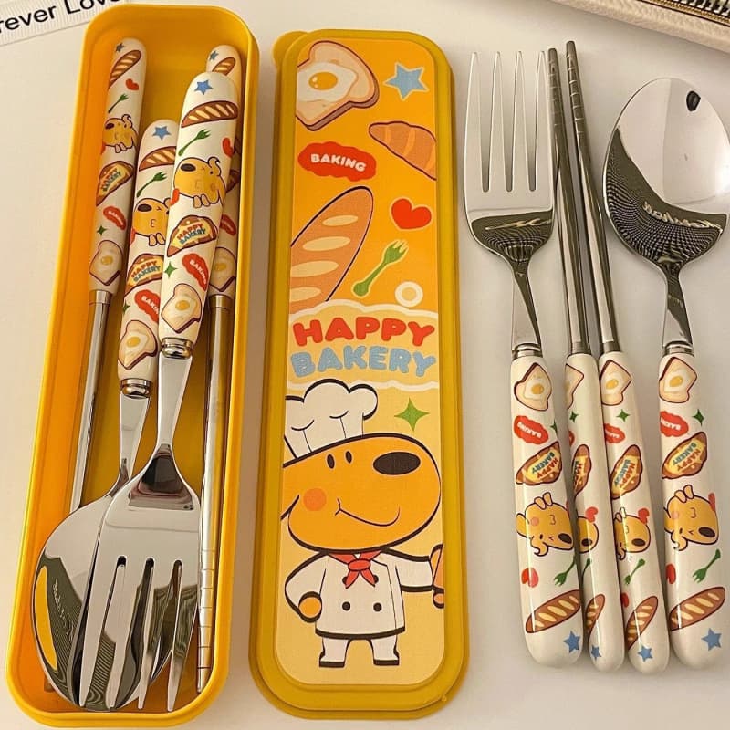 Student dormitory home cute bread dog tableware set spoon and fork three-piece set portable kitchen supplies cartoon creative