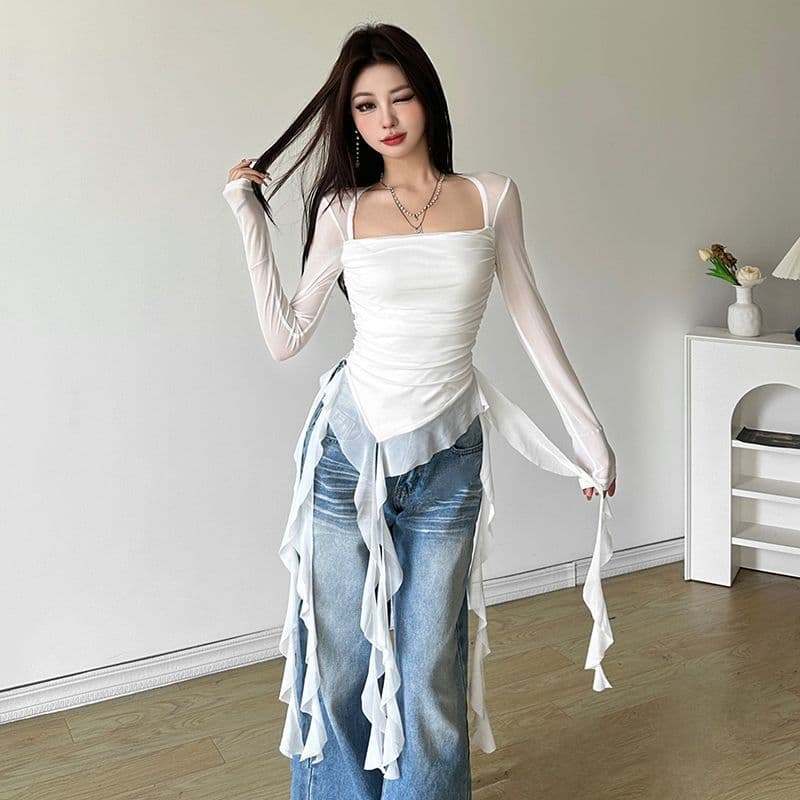 Irregular Ruffle Strap Off-Shoulder T-Shirt for Women, Early Autumn Niche Design Slim Fit Sexy Top