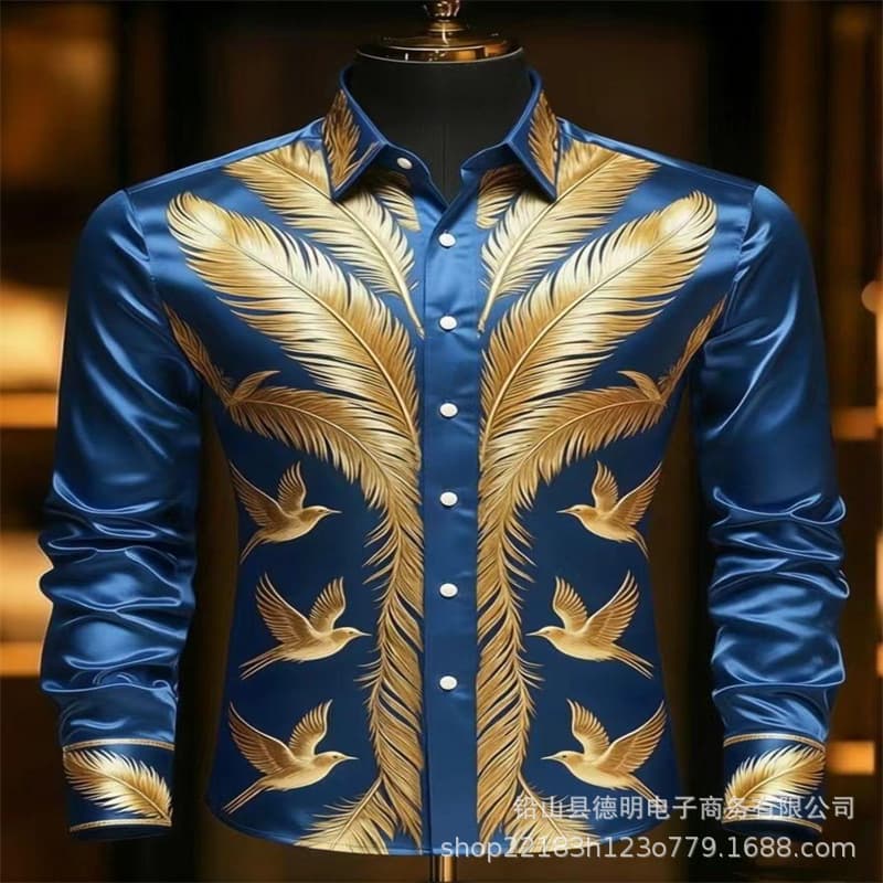 Men's long-sleeve shirt with lapel, single-breasted button, digital print, casual and comfortable